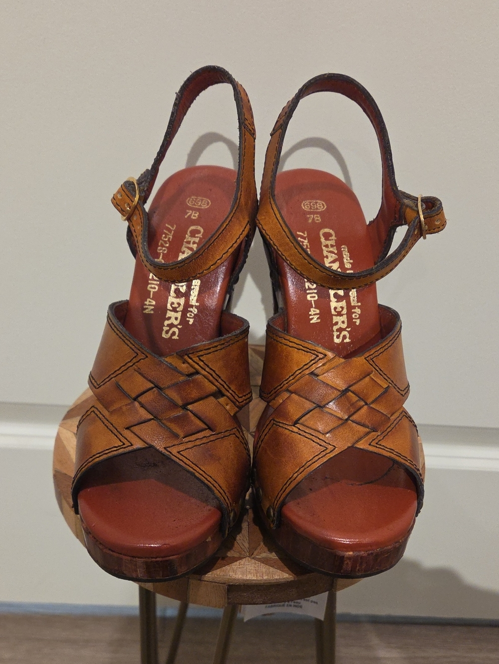 Vintage 70's Leather Brand :Chandlers Tan Leather Woven Slingback Sandals